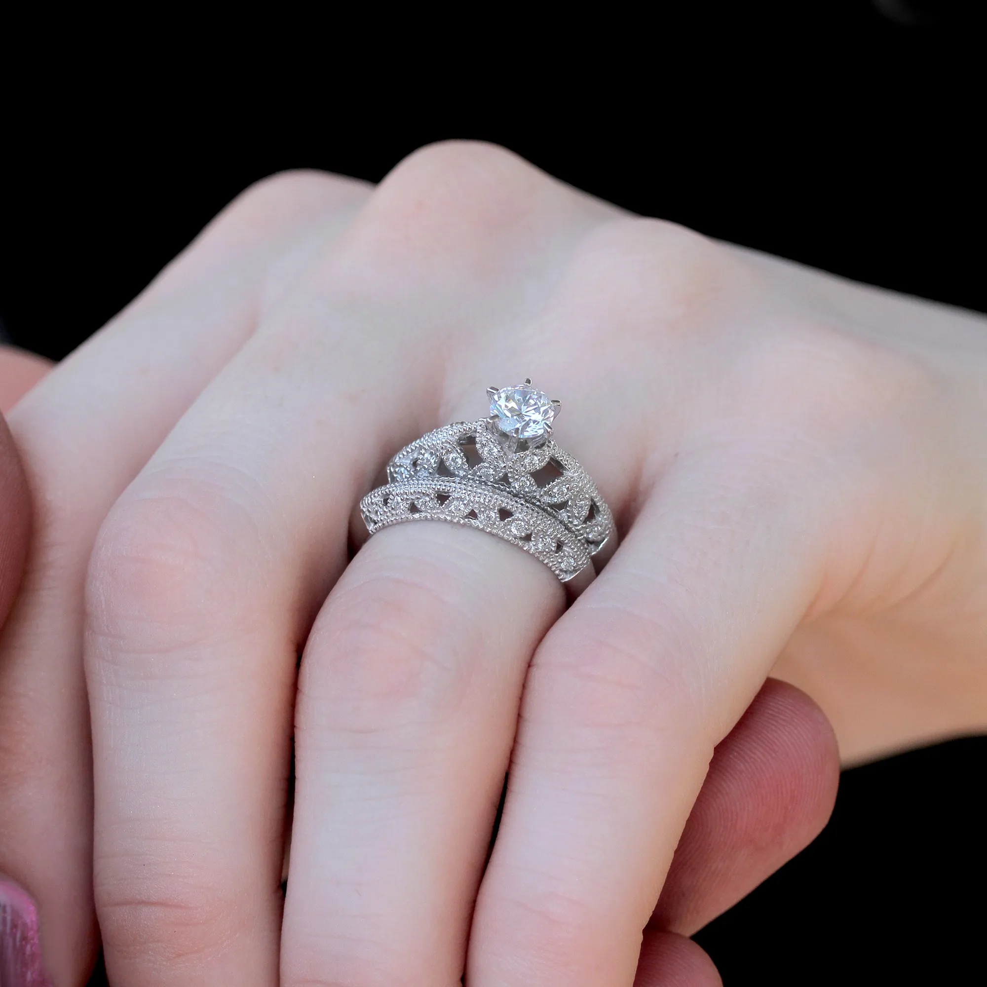 Sterling Silver Round 0.7 CT Vintage Filigree Stackable Rings Set