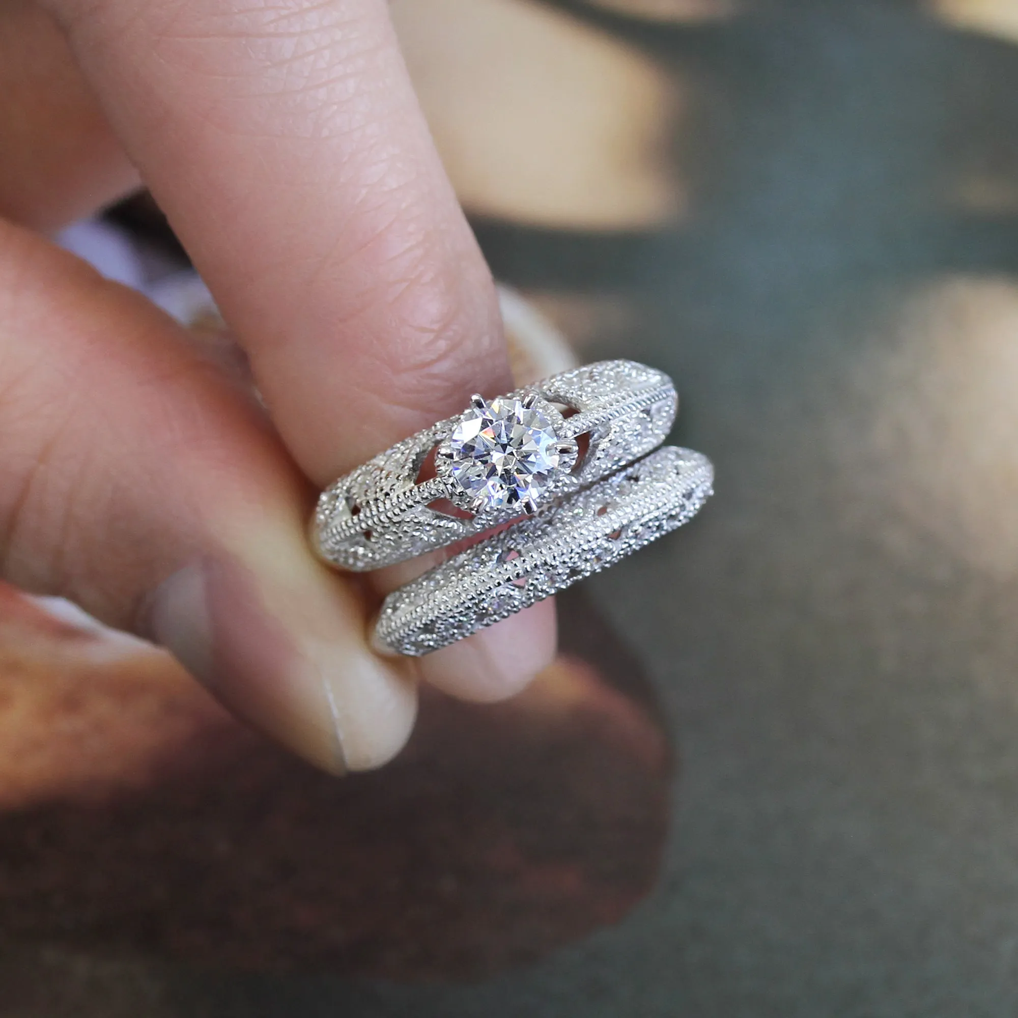 Sterling Silver Round 0.7 CT Vintage Filigree Stackable Rings Set