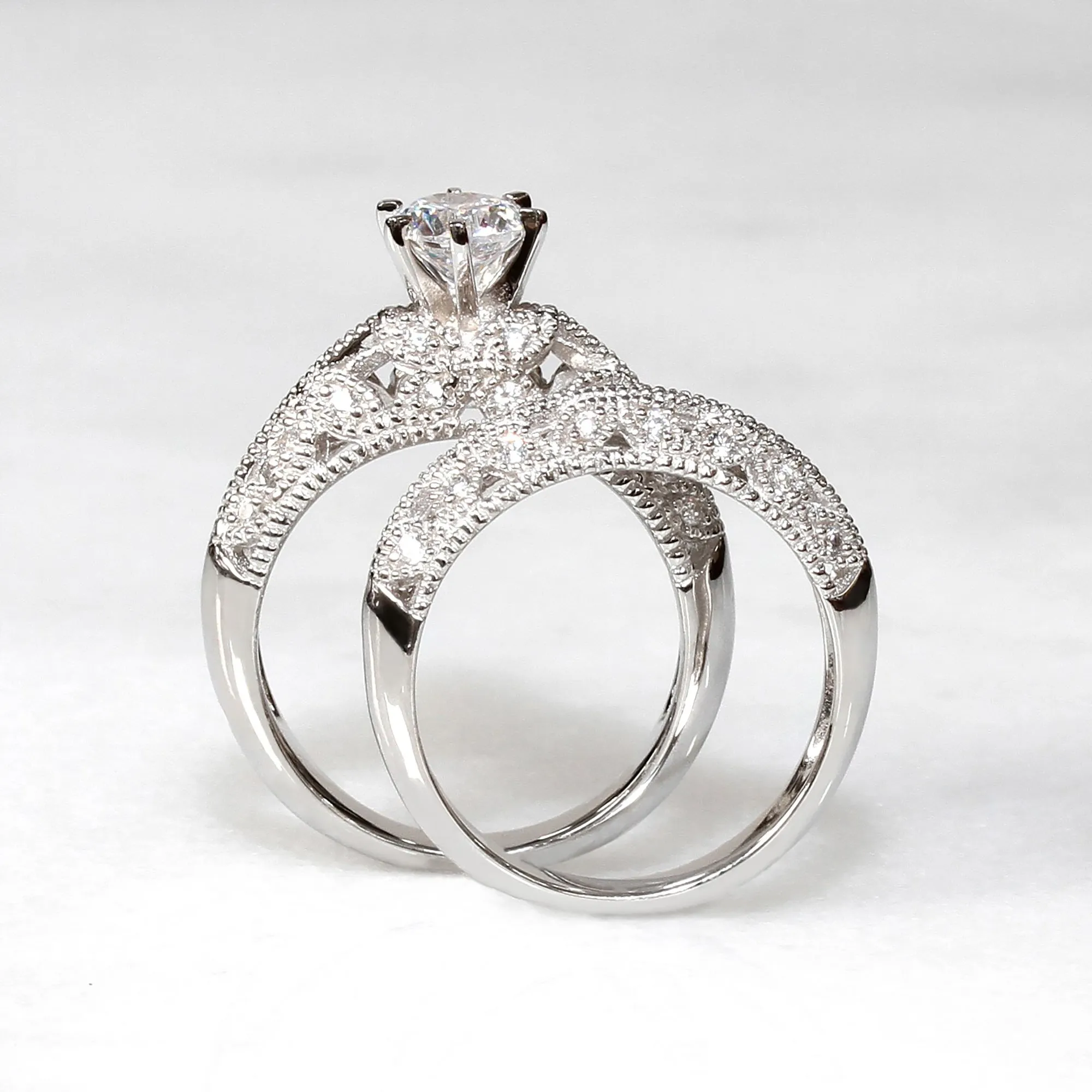 Sterling Silver Round 0.7 CT Vintage Filigree Stackable Rings Set