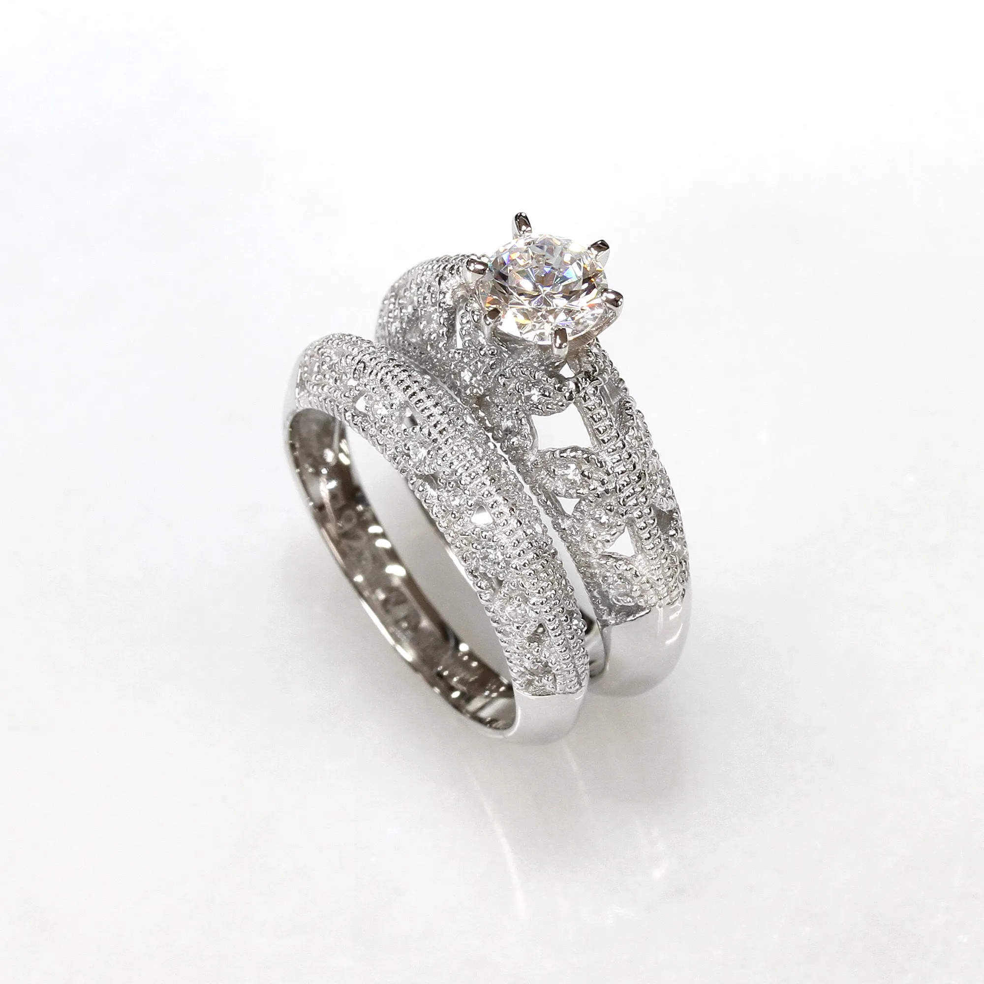 Sterling Silver Round 0.7 CT Vintage Filigree Stackable Rings Set