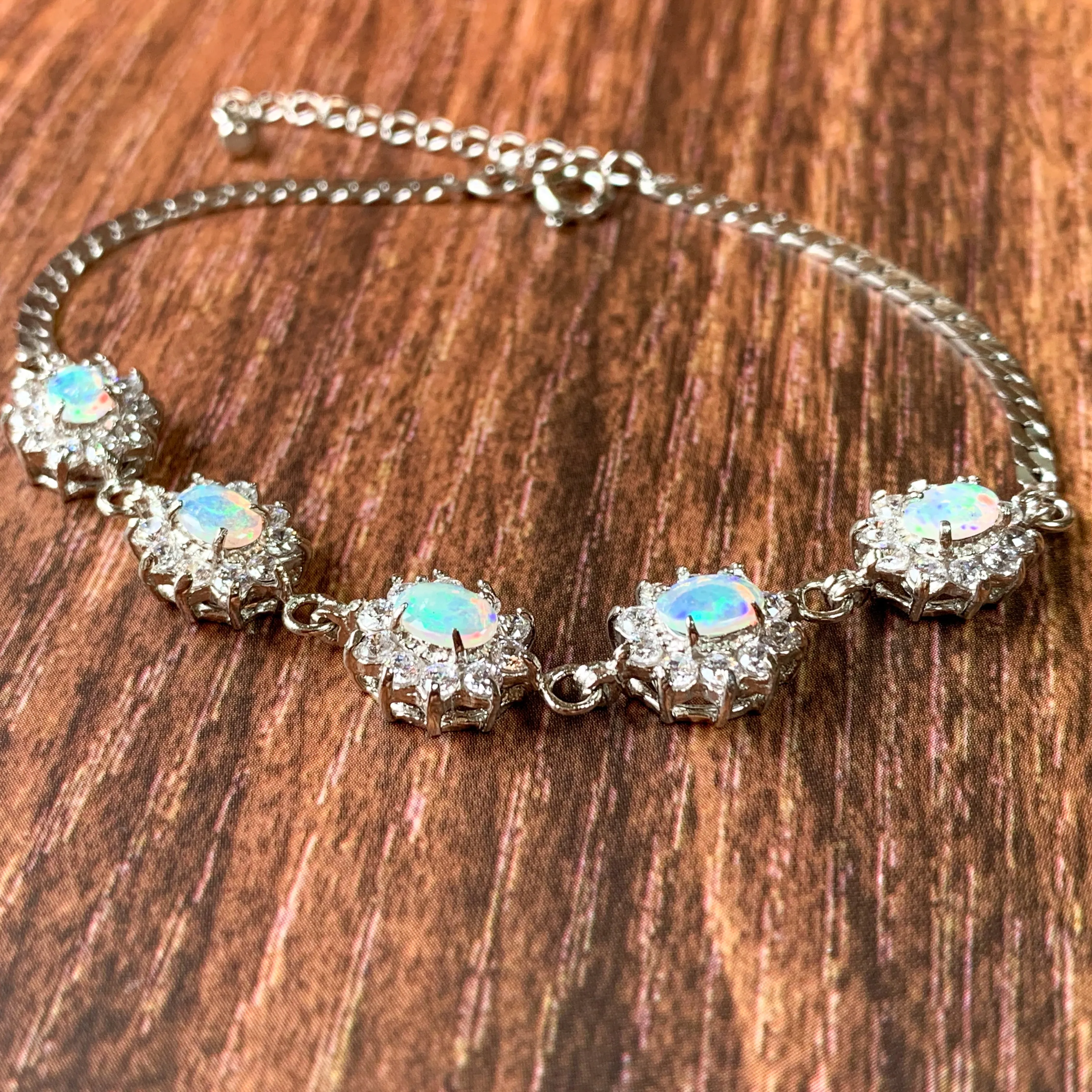 Sterling Silver White Opal 7x5mm and crystal cluster bracelet
