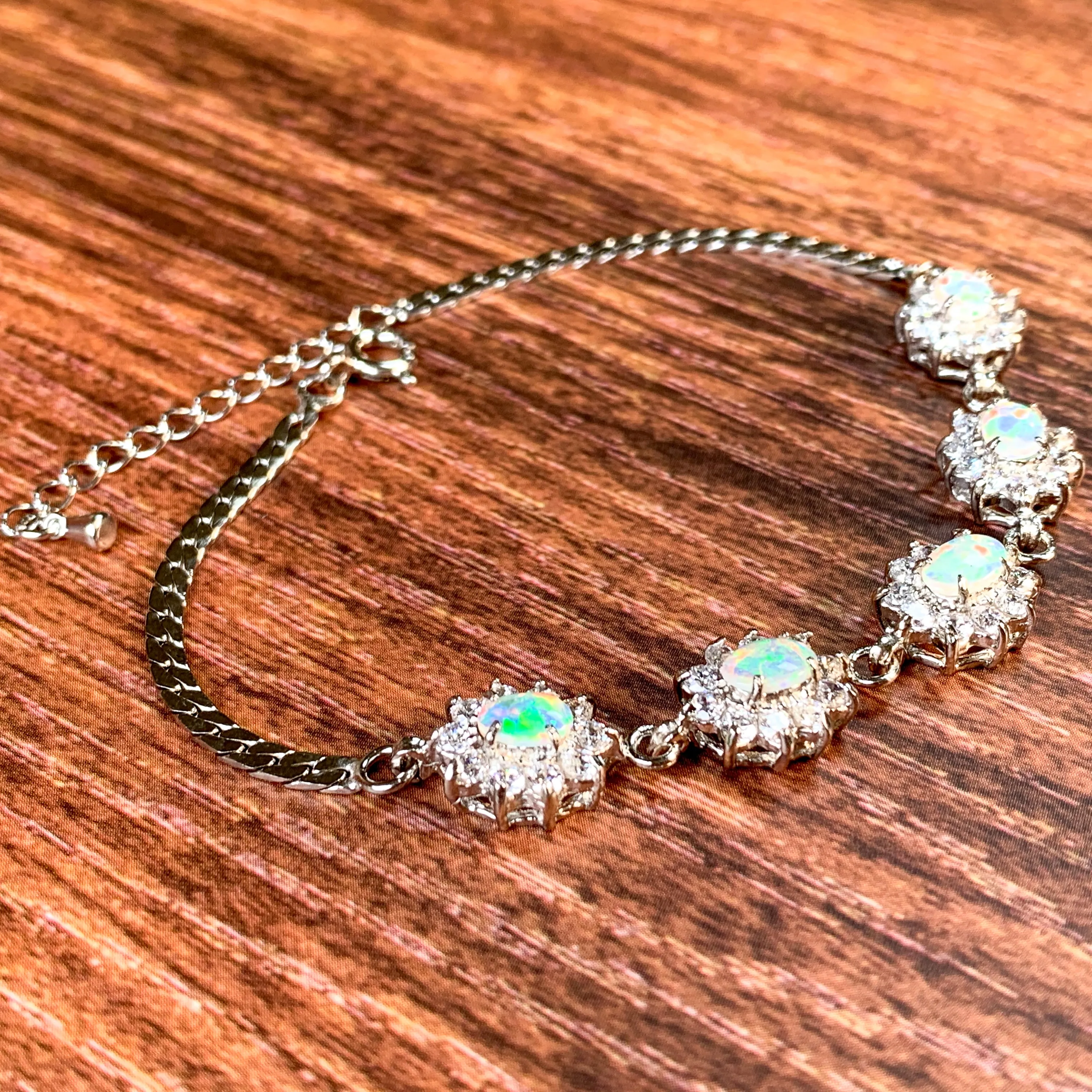 Sterling Silver White Opal 7x5mm and crystal cluster bracelet