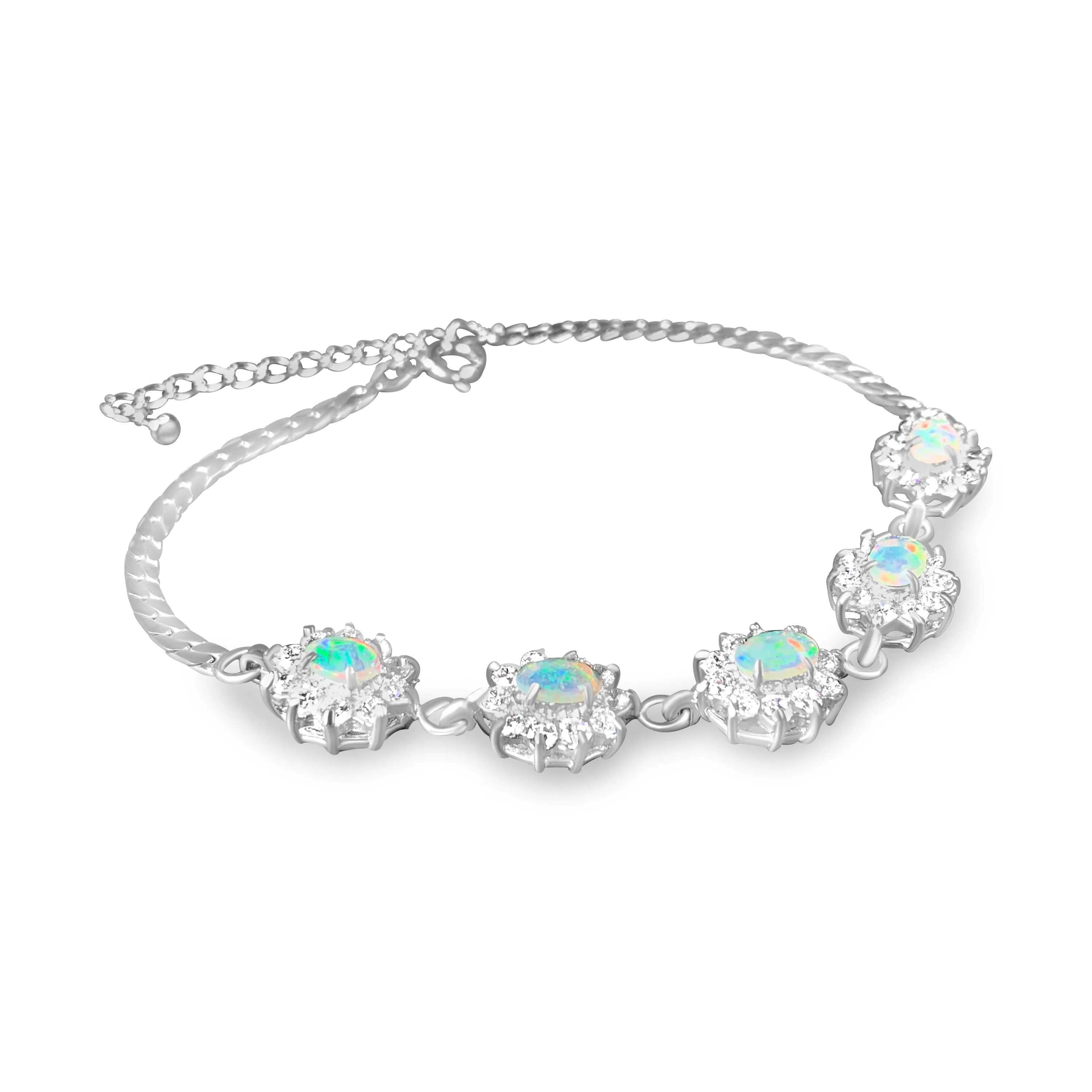 Sterling Silver White Opal 7x5mm and crystal cluster bracelet
