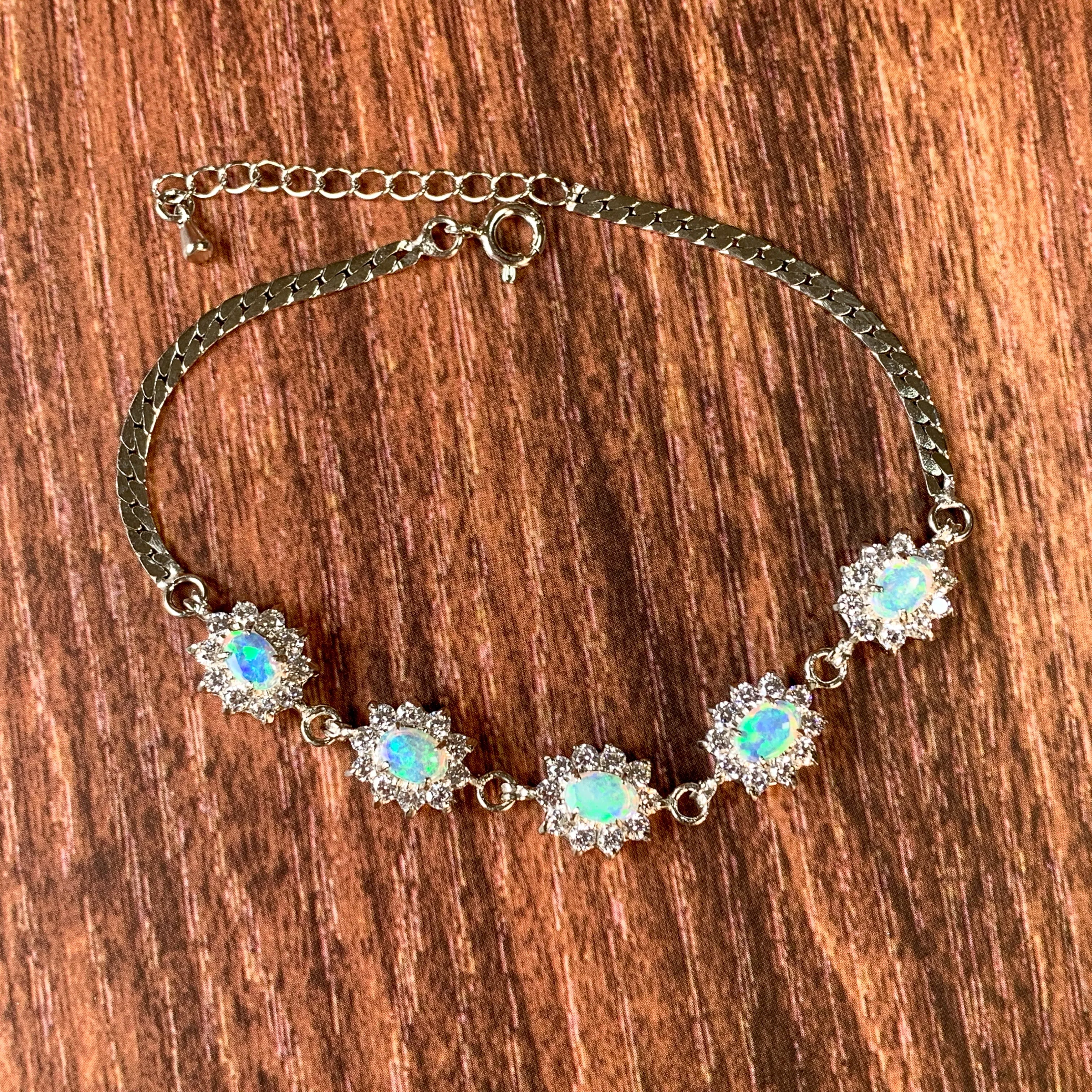 Sterling Silver White Opal 7x5mm and crystal cluster bracelet