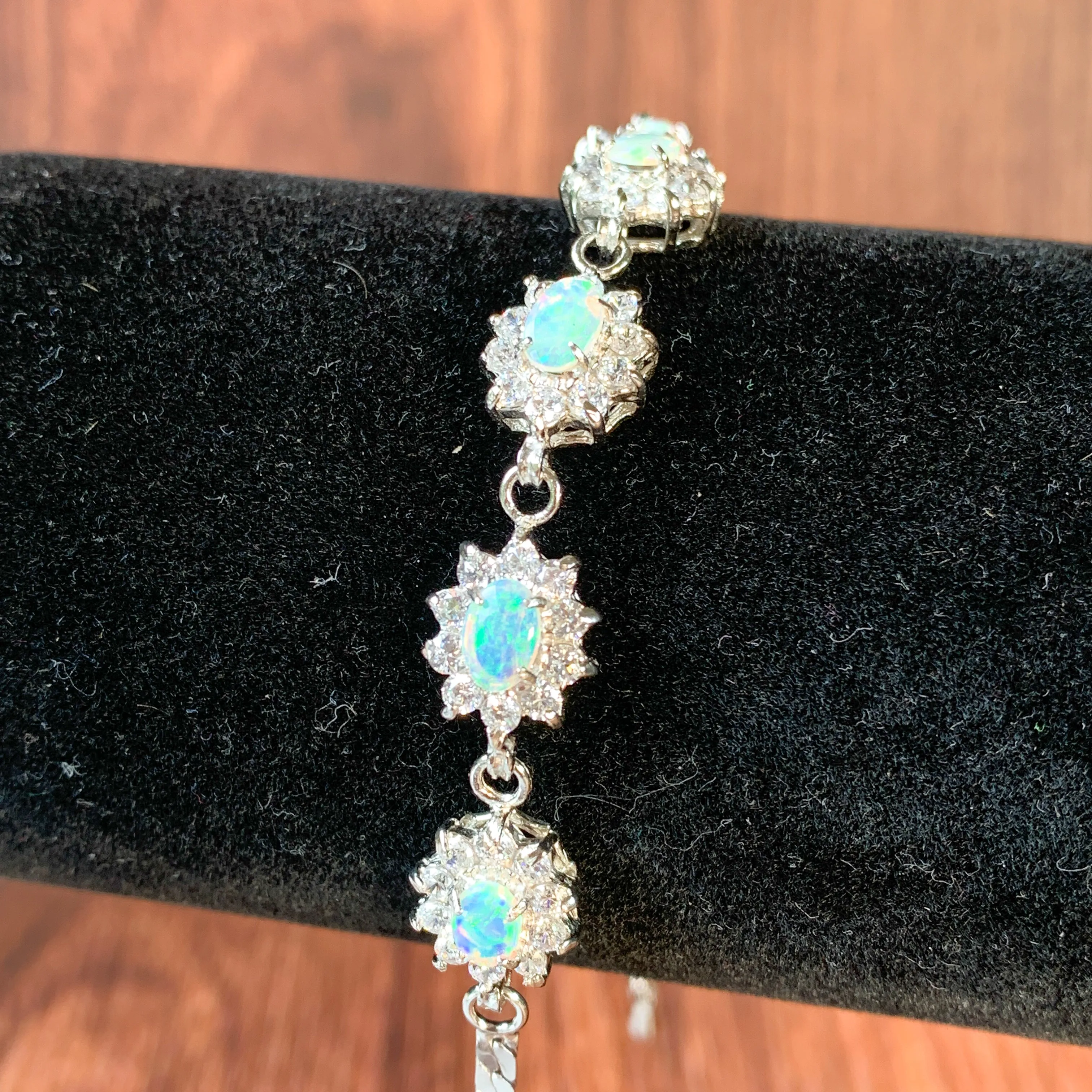 Sterling Silver White Opal 7x5mm and crystal cluster bracelet