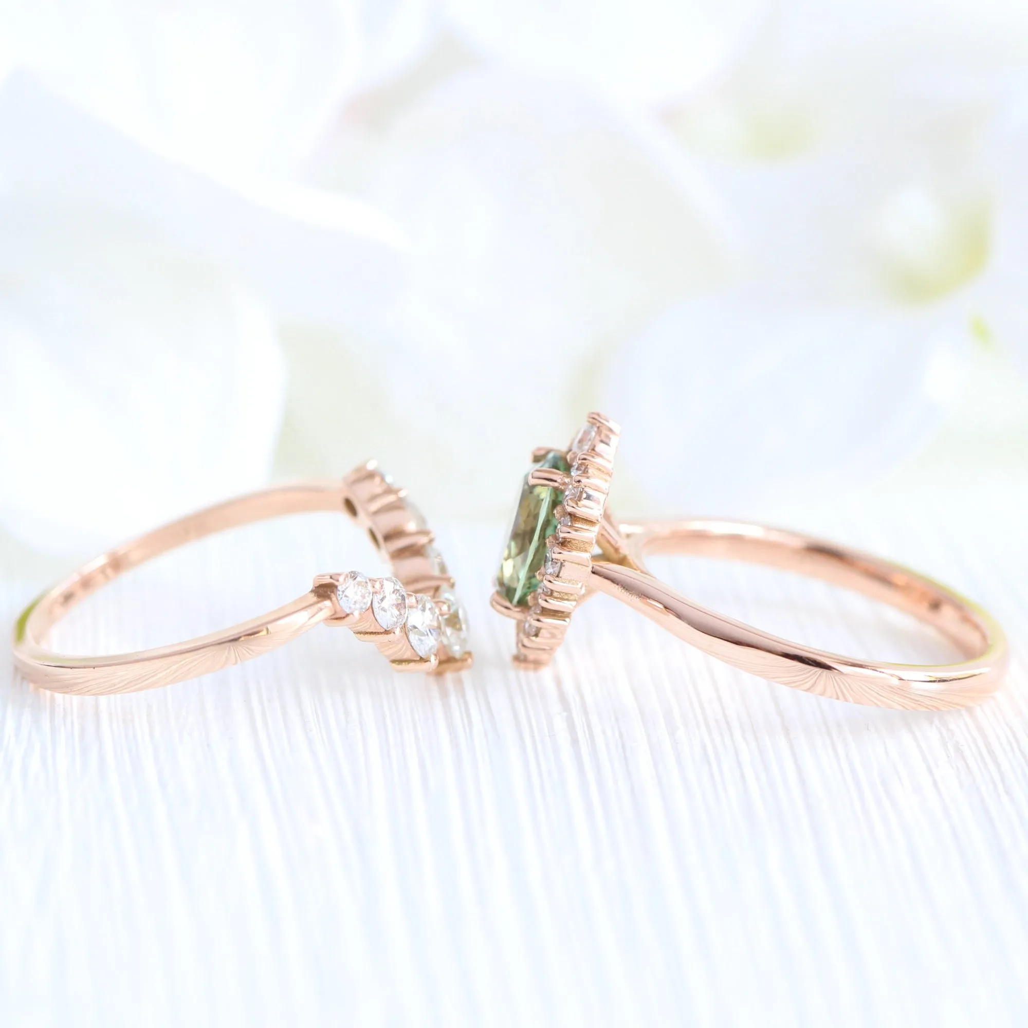 Tiara Halo Oval Ring Bridal Set w/ Green Sapphire and Large 7 Diamond U Band