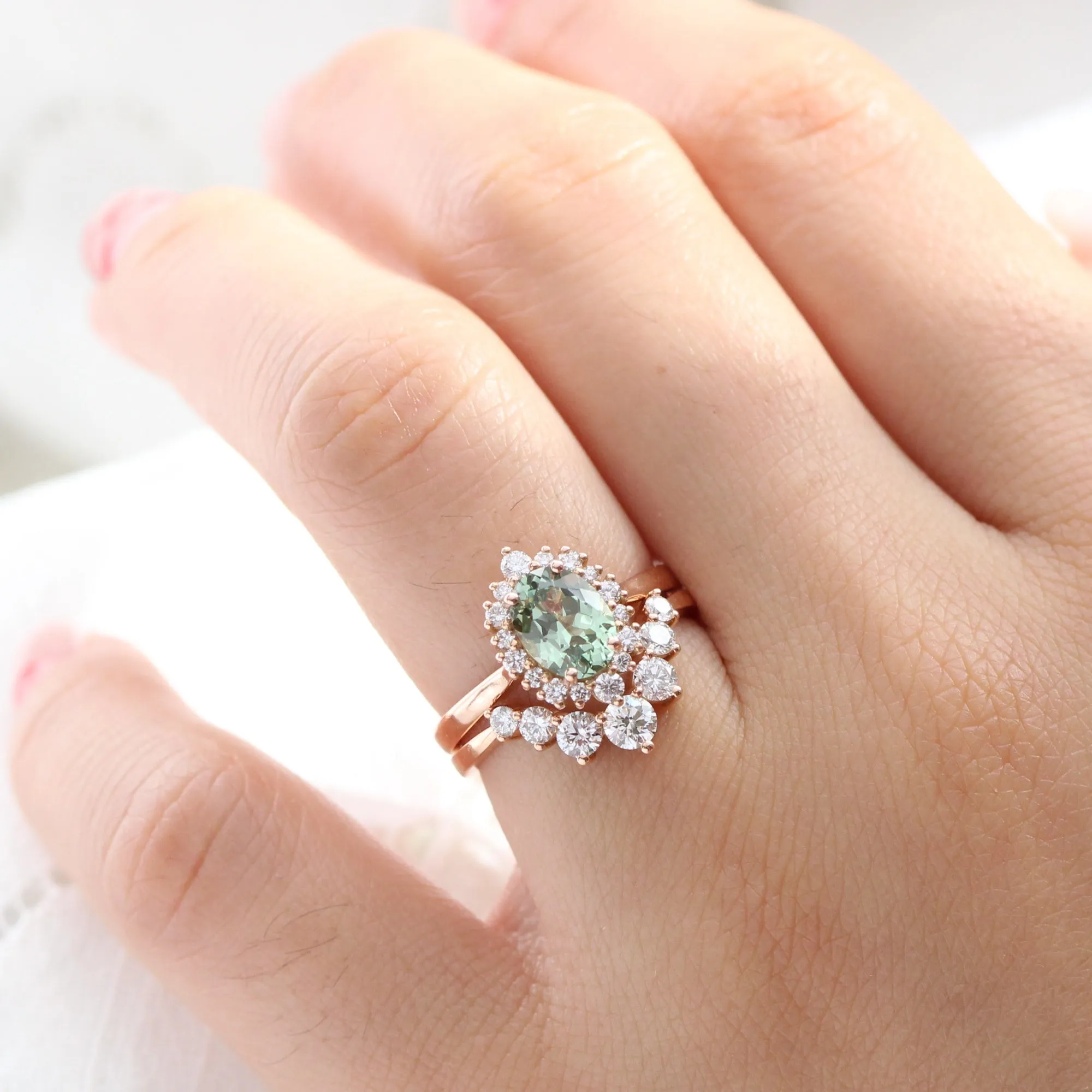 Tiara Halo Oval Ring Bridal Set w/ Green Sapphire and Large 7 Diamond U Band