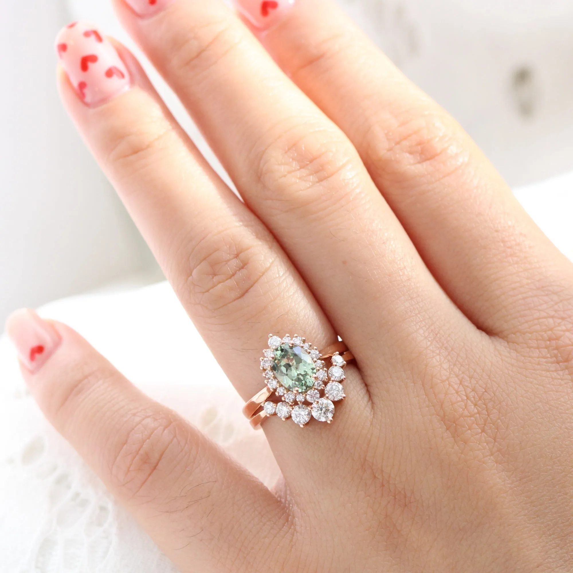 Tiara Halo Oval Ring Bridal Set w/ Green Sapphire and Large 7 Diamond U Band