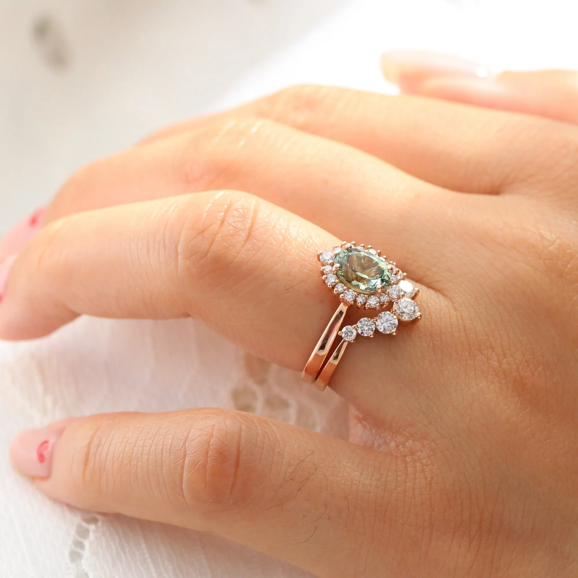 Tiara Halo Oval Ring Bridal Set w/ Green Sapphire and Large 7 Diamond U Band