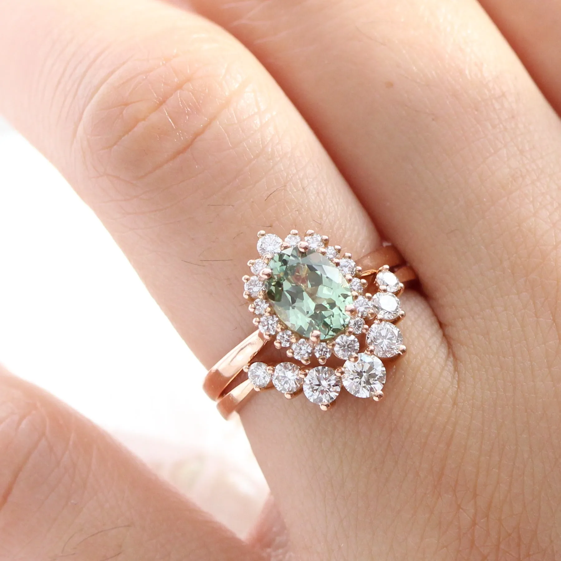 Tiara Halo Oval Ring Bridal Set w/ Green Sapphire and Large 7 Diamond U Band