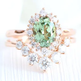 Tiara Halo Oval Ring Bridal Set w/ Green Sapphire and Large 7 Diamond U Band