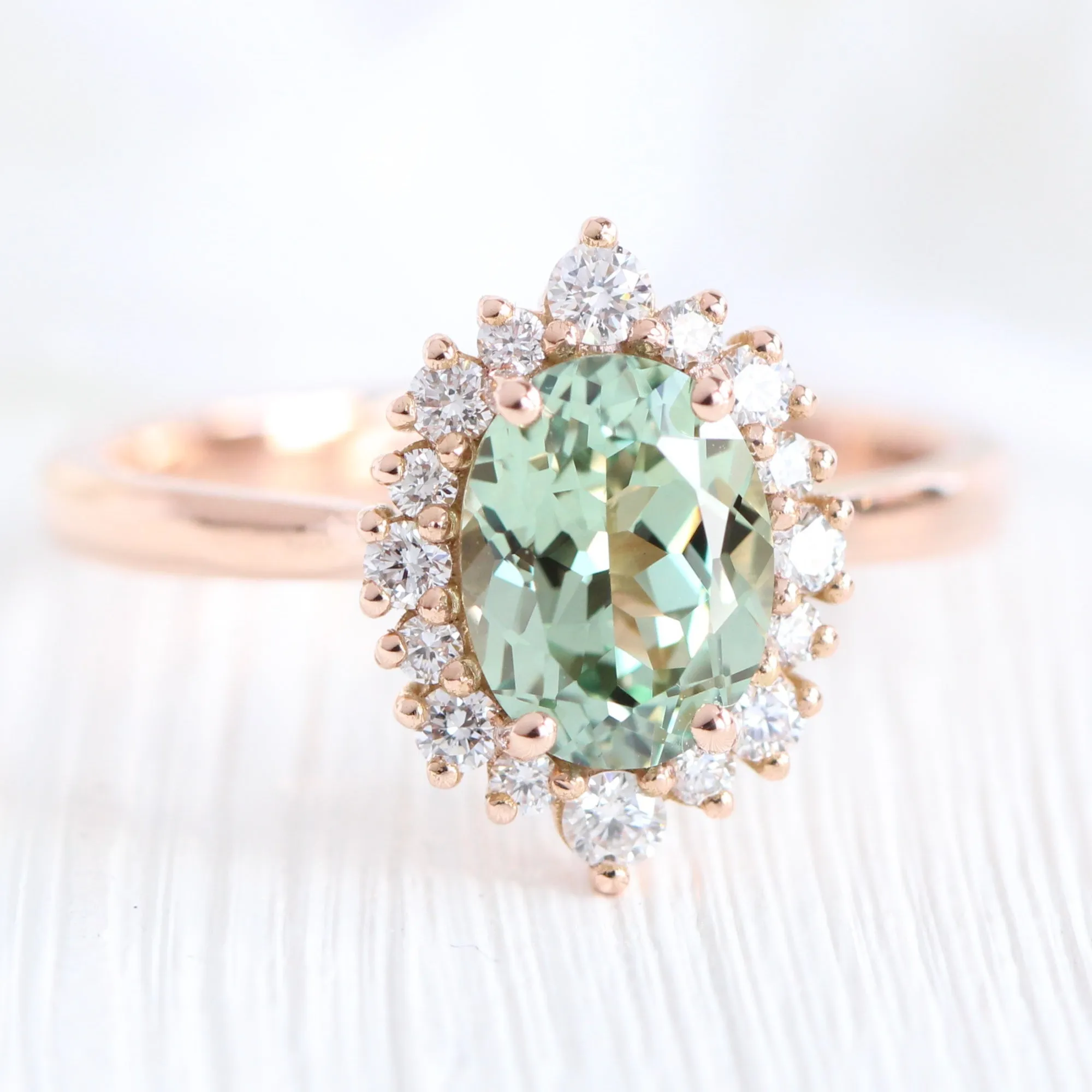 Tiara Halo Oval Ring Bridal Set w/ Green Sapphire and Large 7 Diamond U Band