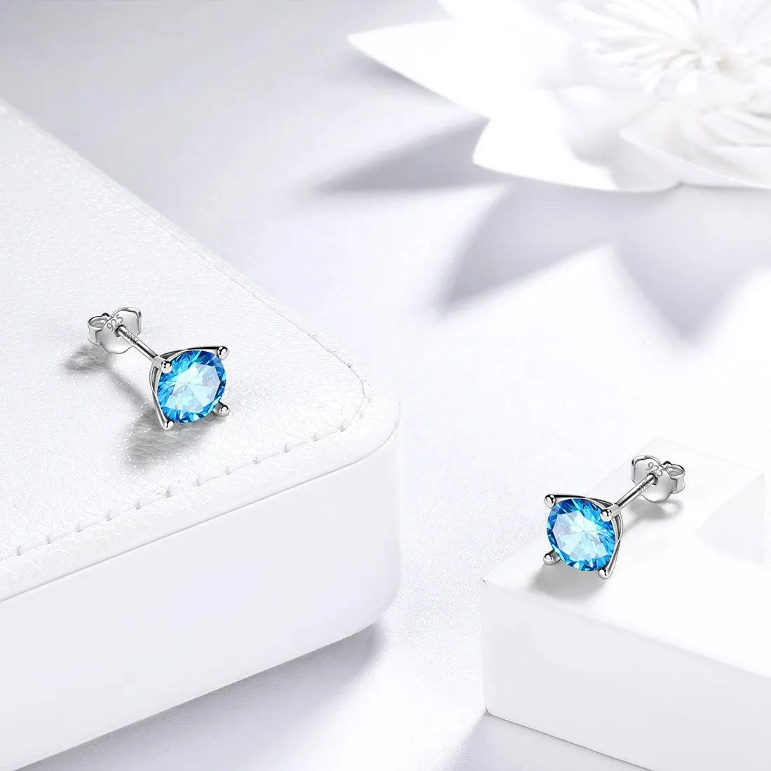 Tokyo Mart Round Birthstone March Aquamarine Earrings Stud Women Girls Jewelry Birthday Gift Sterling Silver