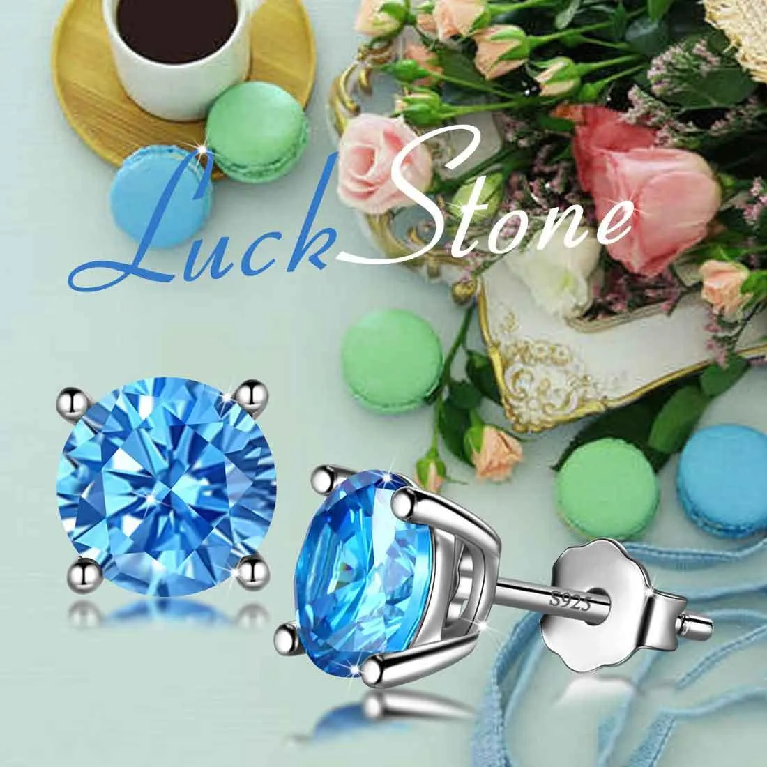 Tokyo Mart Round Birthstone March Aquamarine Earrings Stud Women Girls Jewelry Birthday Gift Sterling Silver