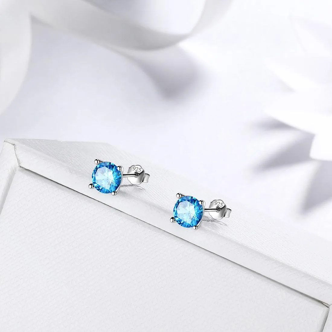 Tokyo Mart Round Birthstone March Aquamarine Earrings Stud Women Girls Jewelry Birthday Gift Sterling Silver