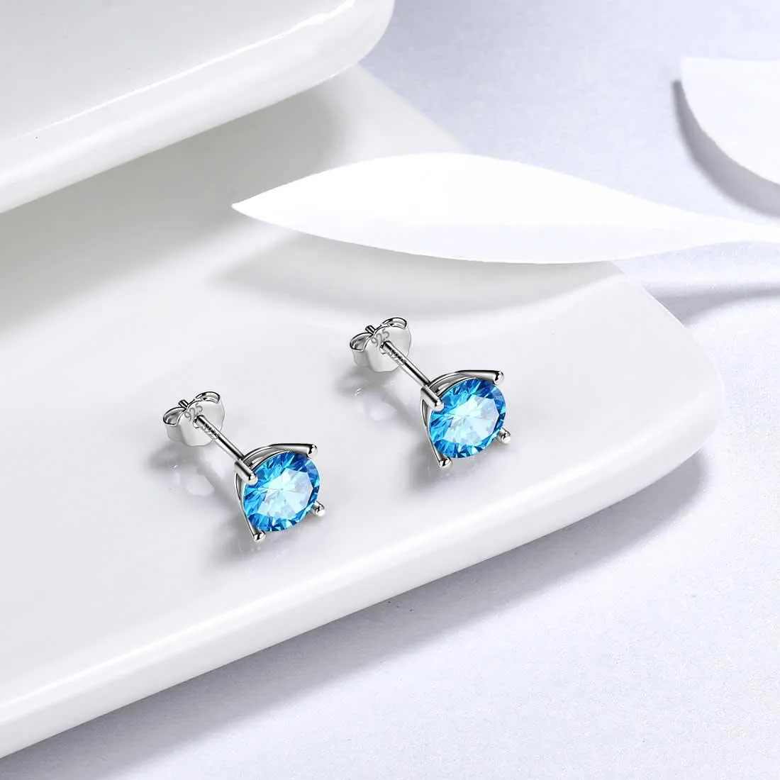 Tokyo Mart Round Birthstone March Aquamarine Earrings Stud Women Girls Jewelry Birthday Gift Sterling Silver