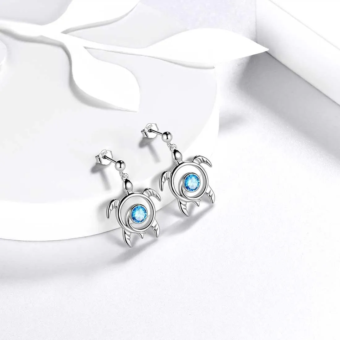 Tokyo Mart Turtle Birthstone March Aquamarine Earrings Dangle Women Girls Jewelry Birthday Gift Sterling Silver