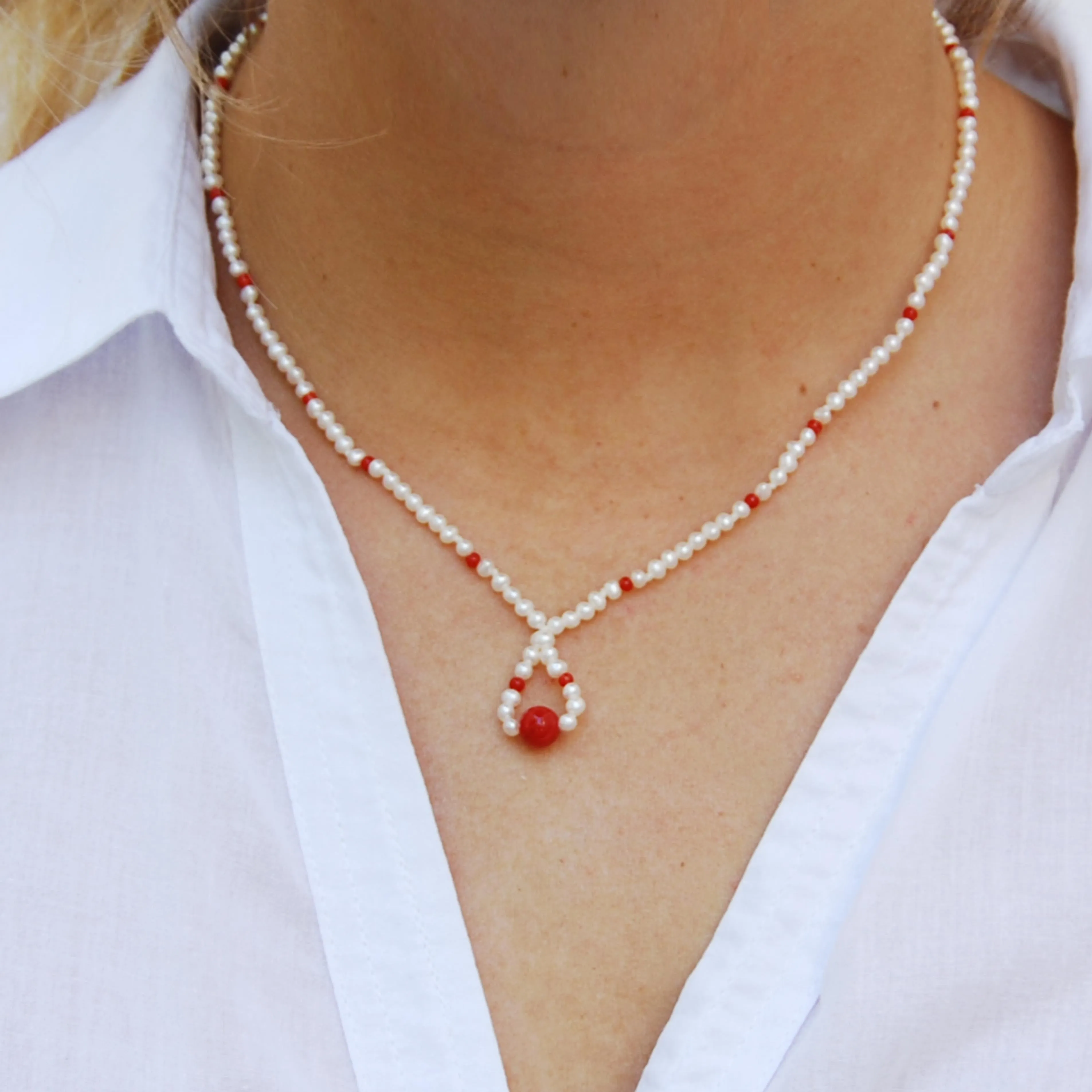 White Freshwater Pearl & Coral Necklace