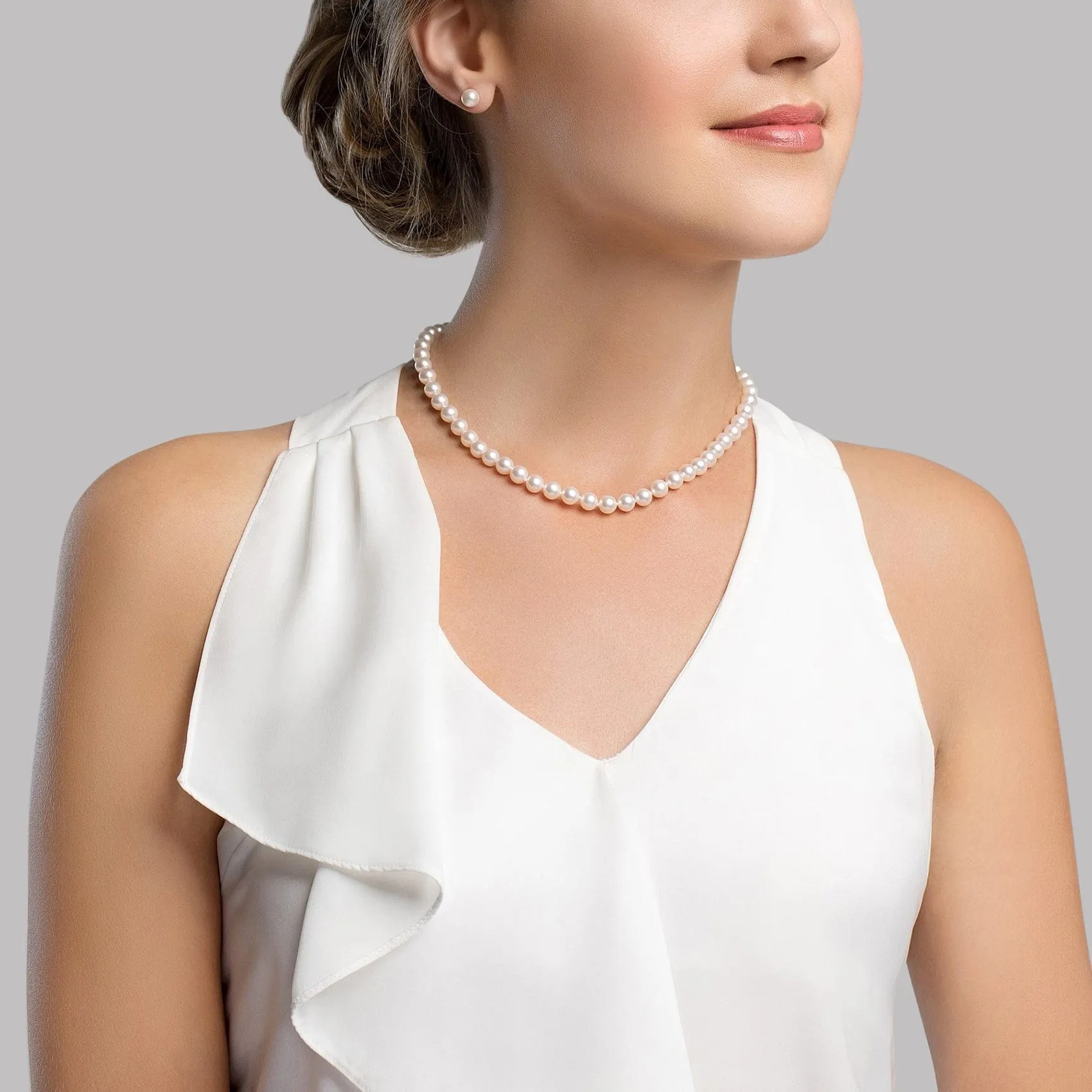 White Japanese Akoya Pearl Necklace & Earring 2-Piece Set, 6.0-6.5mm